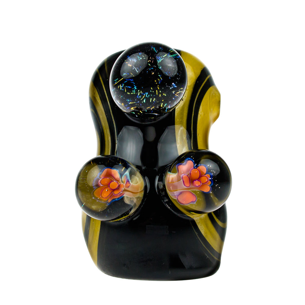 G-Spot Glass Hammer Bubbler Pipe - Black and Yellow with Three Large Marbles - Front view