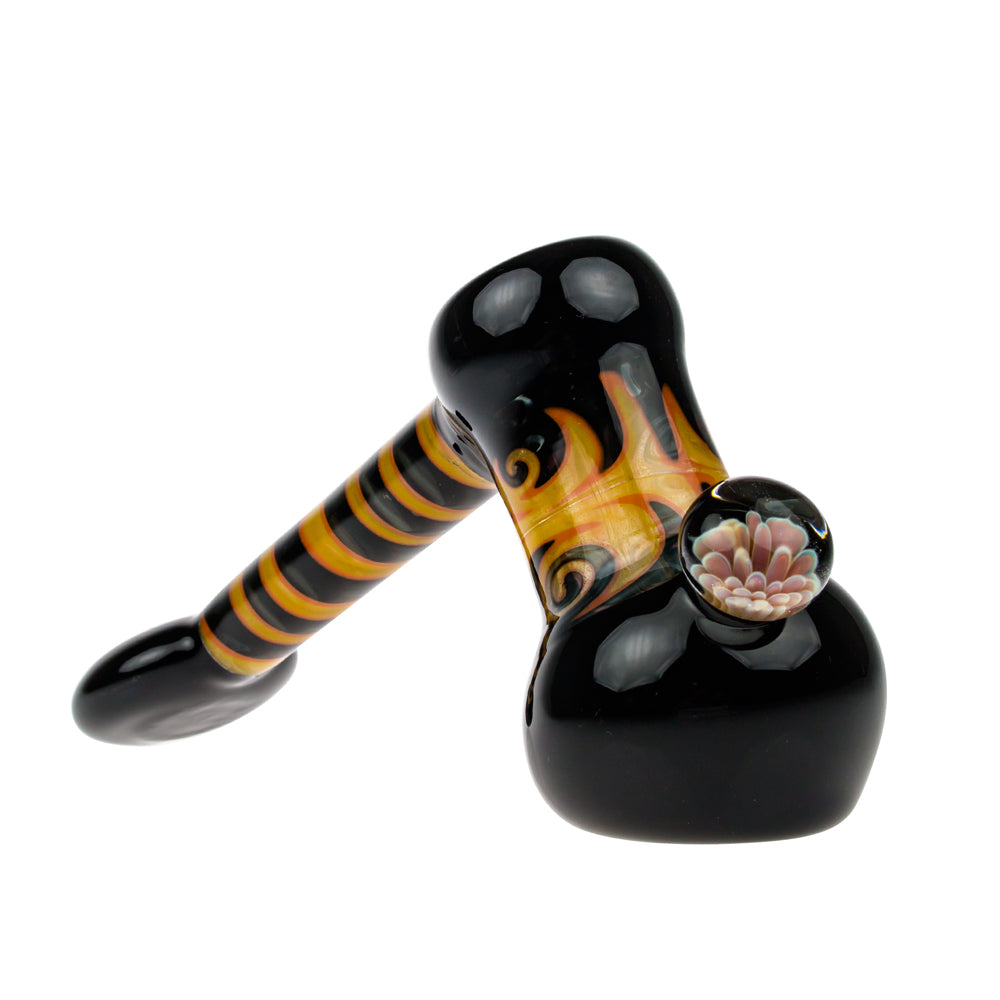 G-Spot Glass Hammer Bubbler Pipe - Yellow and Orange Reversals and Large Flower Marble - Side view 1