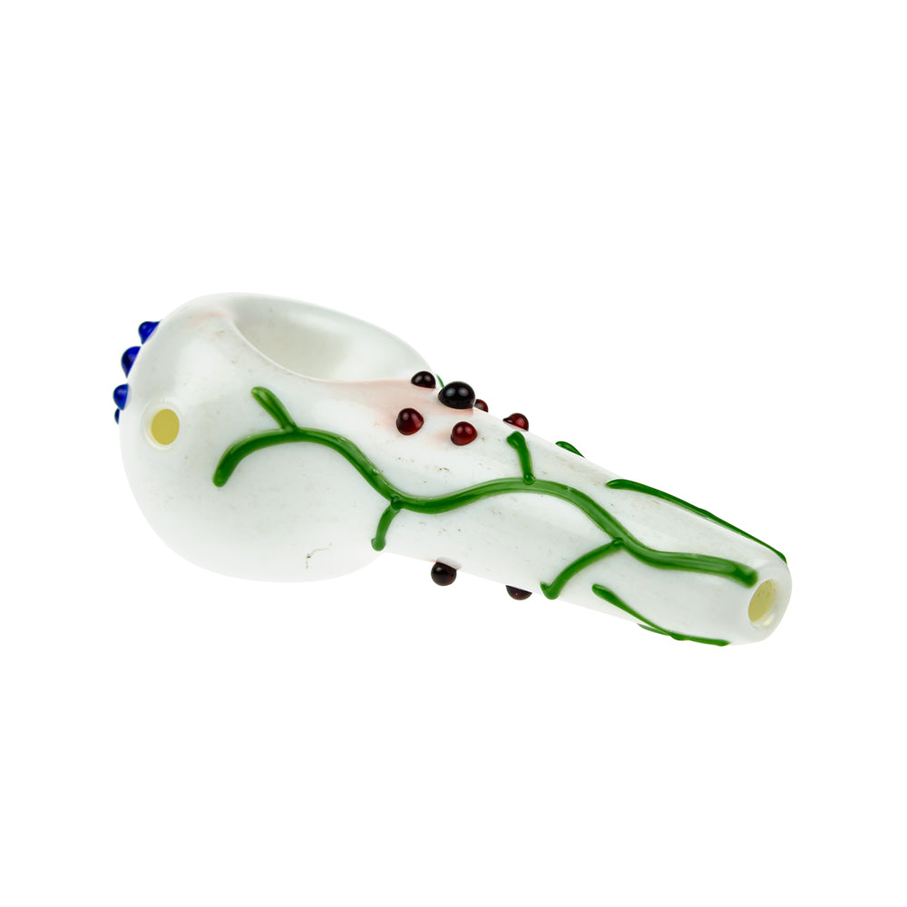 G-Spot Glass Spoon Pipe - White Glass with Abstract Grapevine Design - Side view 3