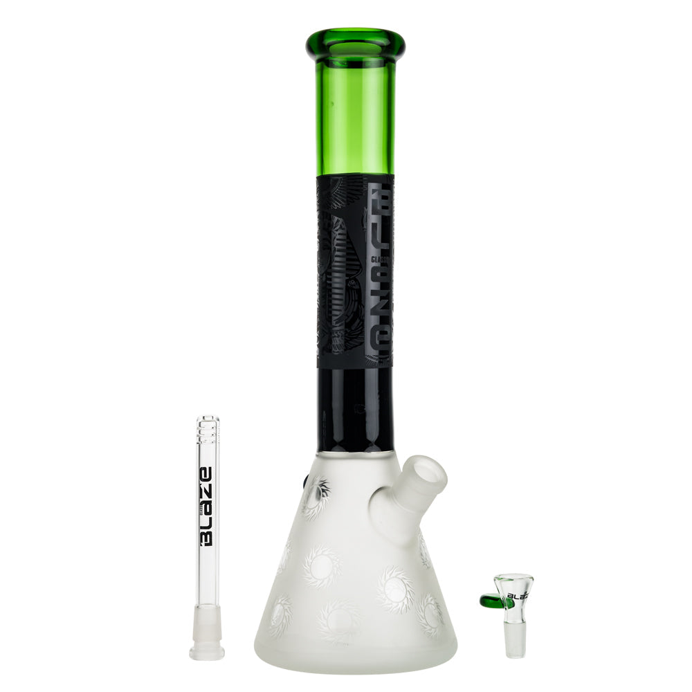Blaze Glass Frosted Beaker Ice Bong with Black and Green Tube - Downstem and Herb Bowl Included