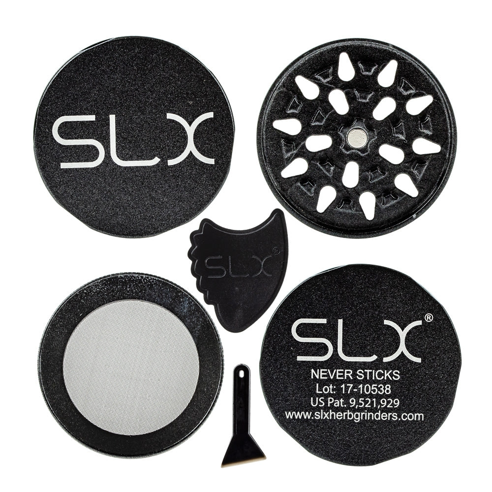 SLX Aluminum Non-Stick Herb Grinder | 4-Part | 2 Inch | Black - Disassembled