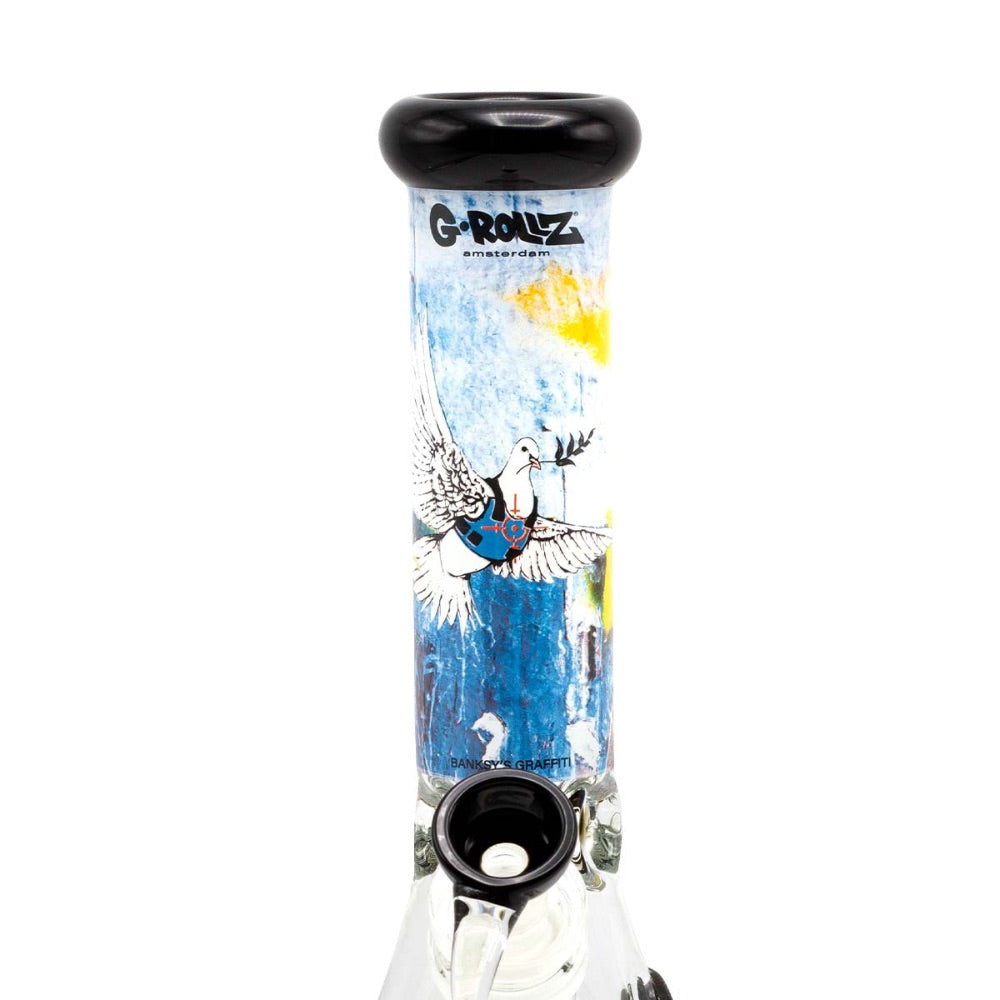 G-Rollz Banksy Beaker Base Bong | Banksy's Graffiti Bulletproof Dove | stem view