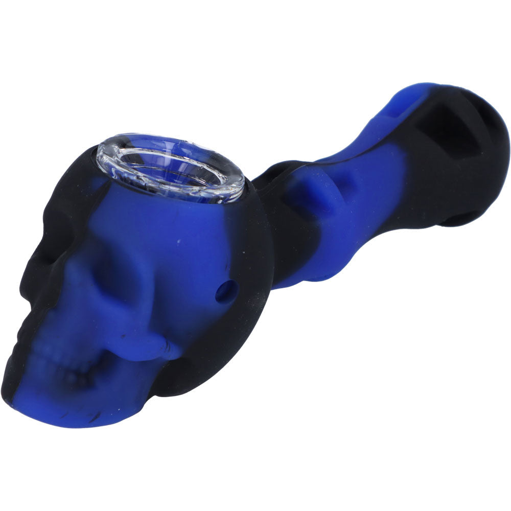 Silicone 2 in 1 Skull Pipe with Metal Dab Tool | Blue Black | Side view 3