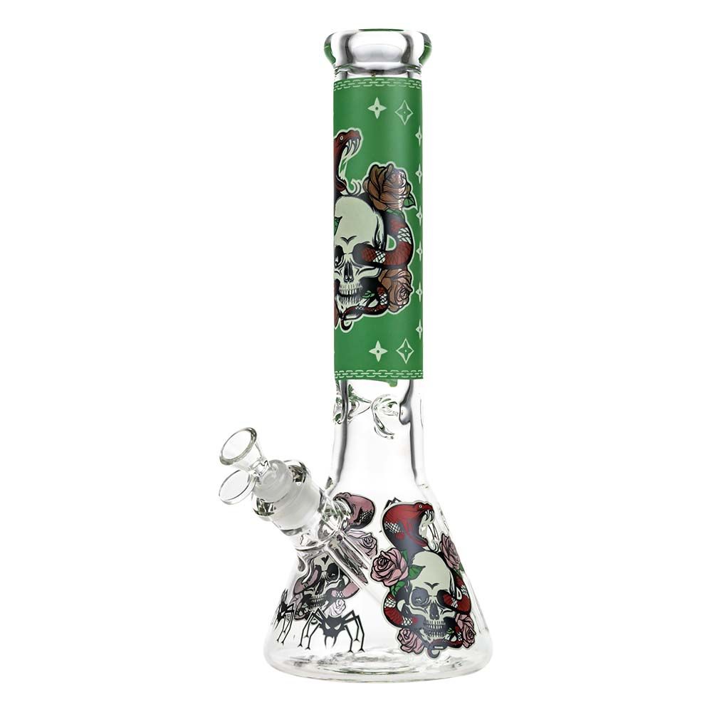Beaker Ice Bong with Glow in the Dark Snake and Skull Print | Green | Side view 1