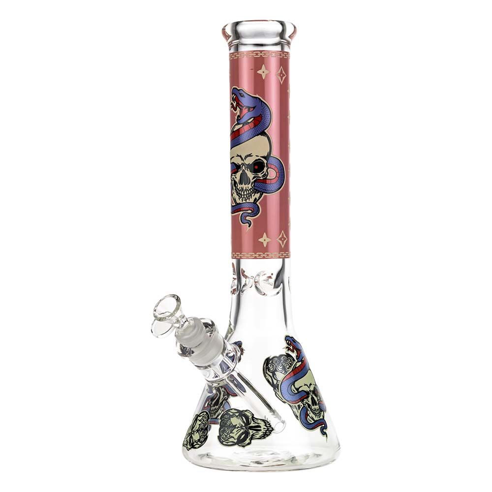 Beaker Ice Bong with Glow in the Dark Snake and Skull Print | Pink | Side view 1