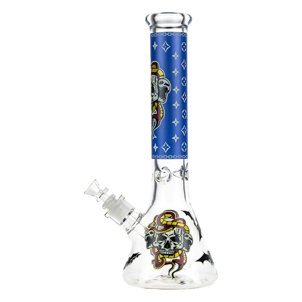 Beaker Ice Bong with Glow in the Dark Snake and Skull Print | Blue | Side view 2