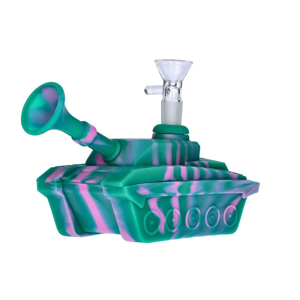 Silicone Army Tank Pipe with Glass Bowl | Green/Pink - Side View 2