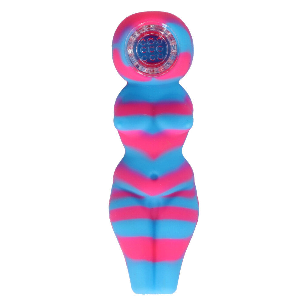 Curvy Silicone Spoon Pipe with Insert Glass Bowl | Pink/Blue - Top View