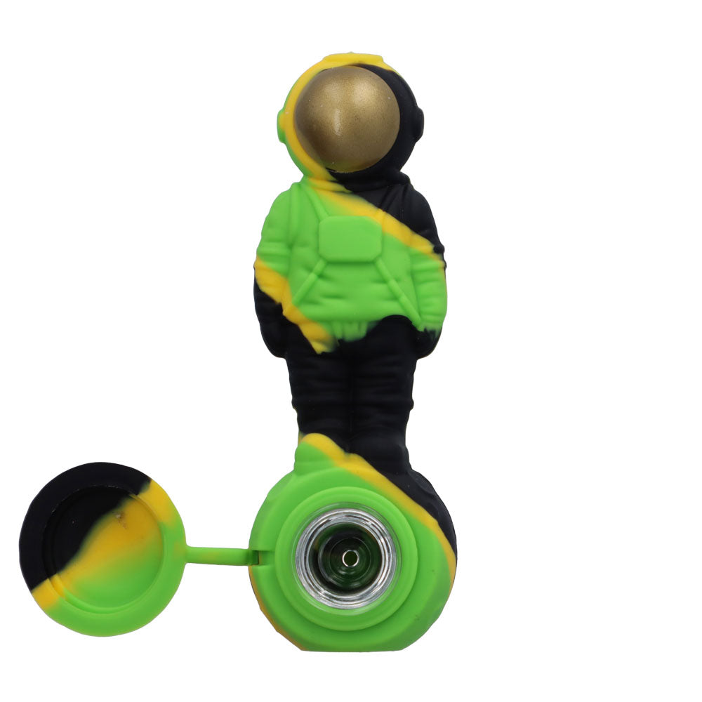 Silicone Astronaut Hand Pipe with Glass Bowl | 5 Inch | Black/Green/Yellow | top view | open lid