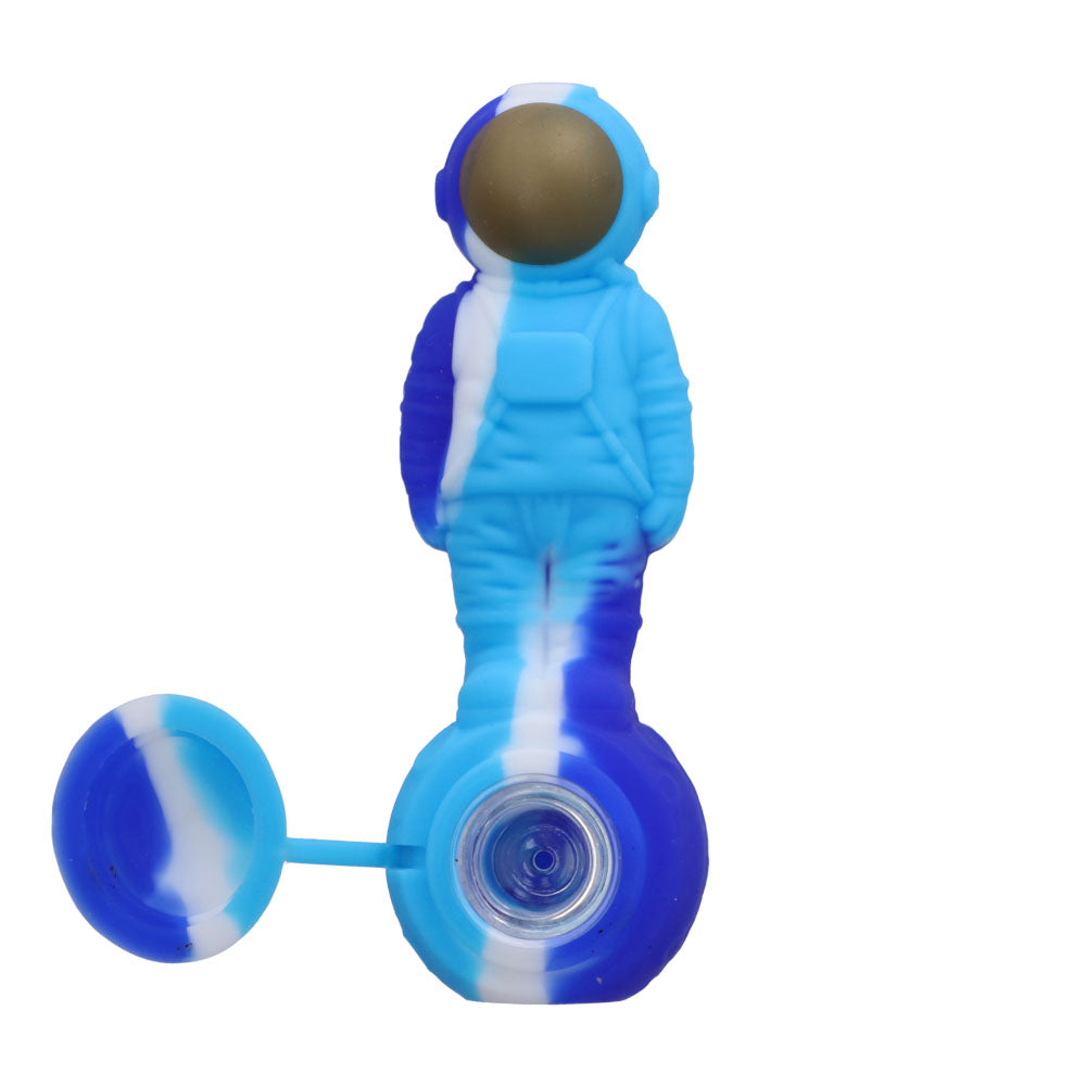 Silicone Astronaut Hand Pipe with Glass Bowl | 5 Inch | Blue | top view | open lid