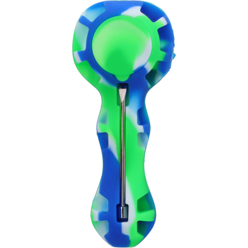 Silicone 2 in 1 Pipe with Metal Dab Tool | Random Color | Green/Blue | bottom view