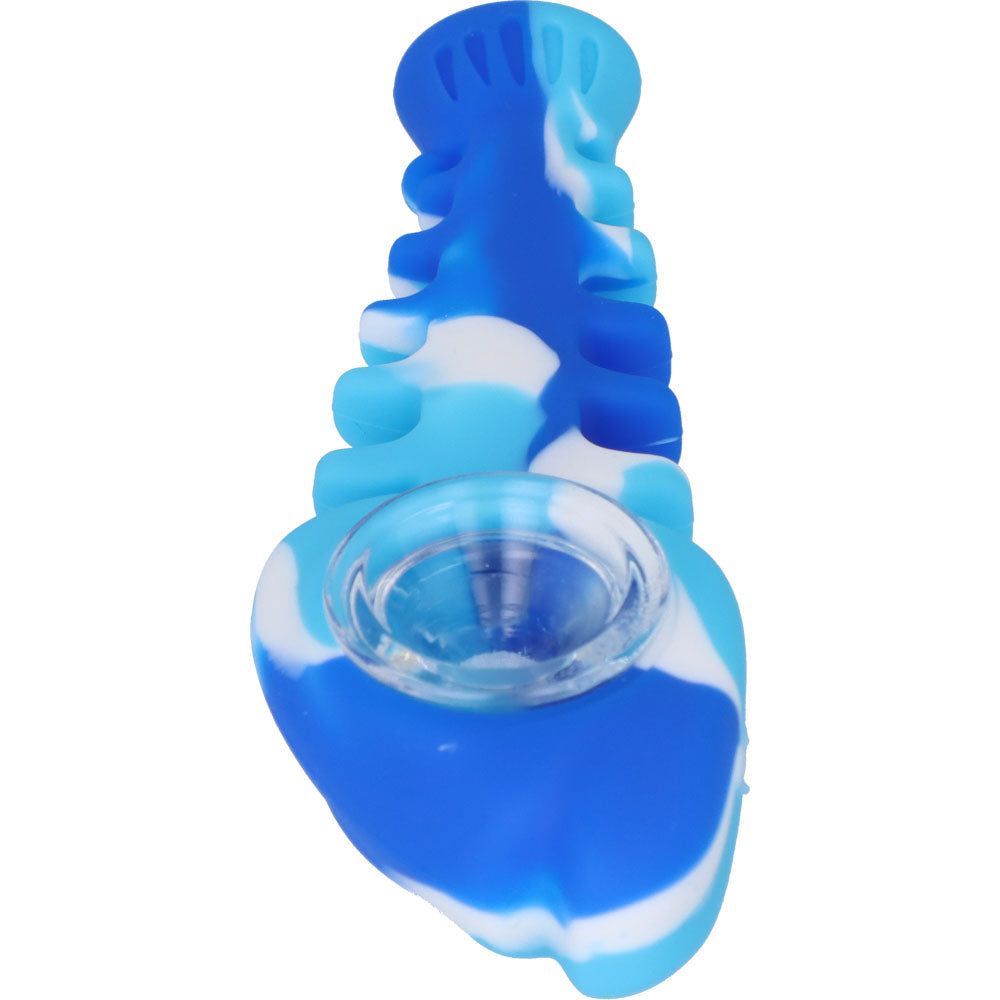 Silicone Fish Bone Hand Pipe with Glass Bowl  | Blue  | front view